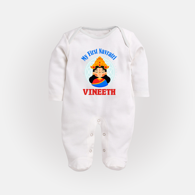 My First Navratri Sleep suit/full sleeve body suit | Personalized Baby Sleep suit/full sleeve body suit for Little One - WHITE - New Born (Chest 7.5")