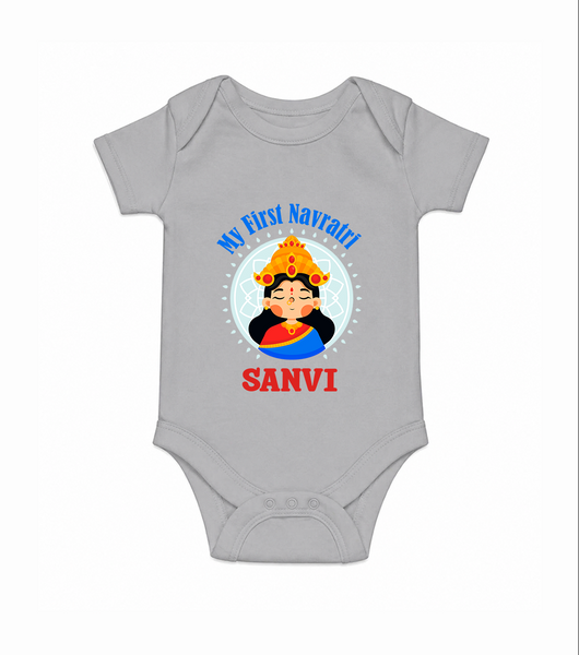 My First Navratri Devi Face Personalized Romper - GREY - New Born (Chest 14")