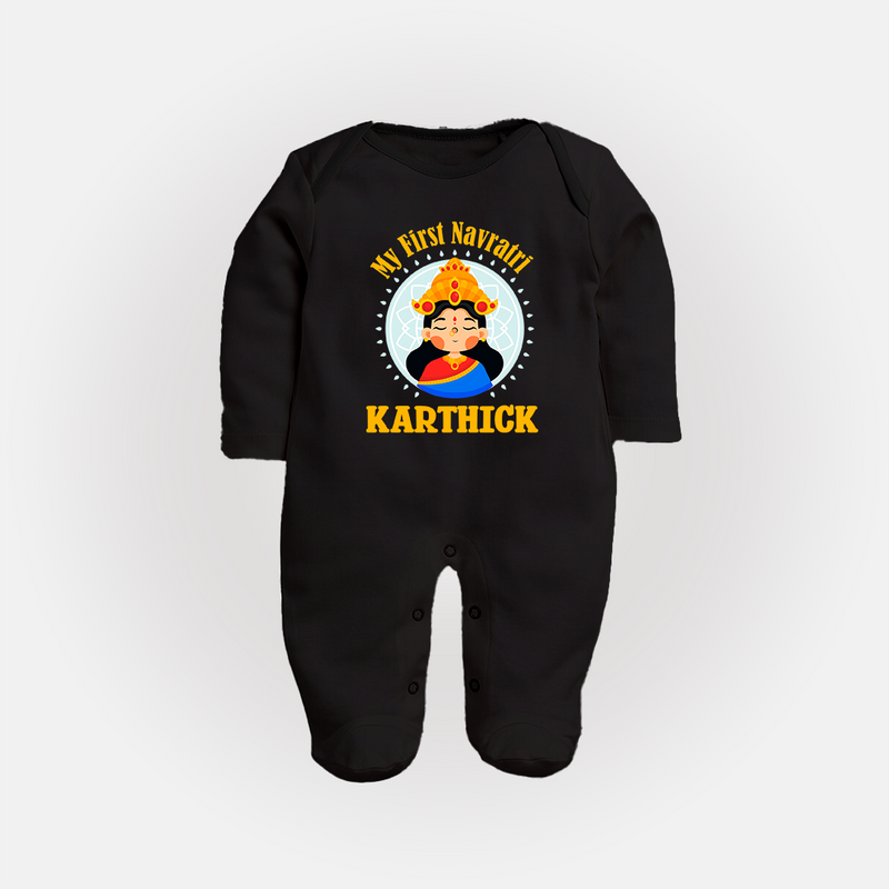 My First Navratri Sleep suit/full sleeve body suit | Personalized Baby Sleep suit/full sleeve body suit for Little One - BLACK - New Born (Chest 7.5")