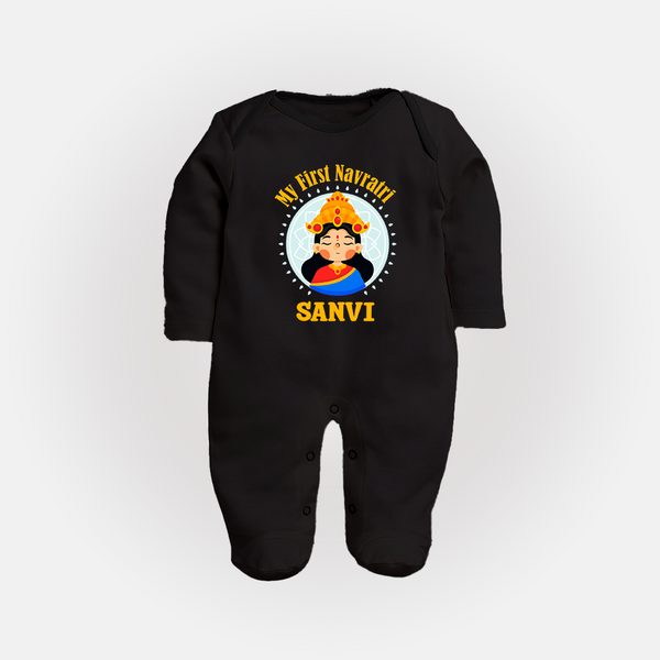 My First Navratri Devi Face Personalized Full Body Suit - BLACK - New Born (Chest 7.5")