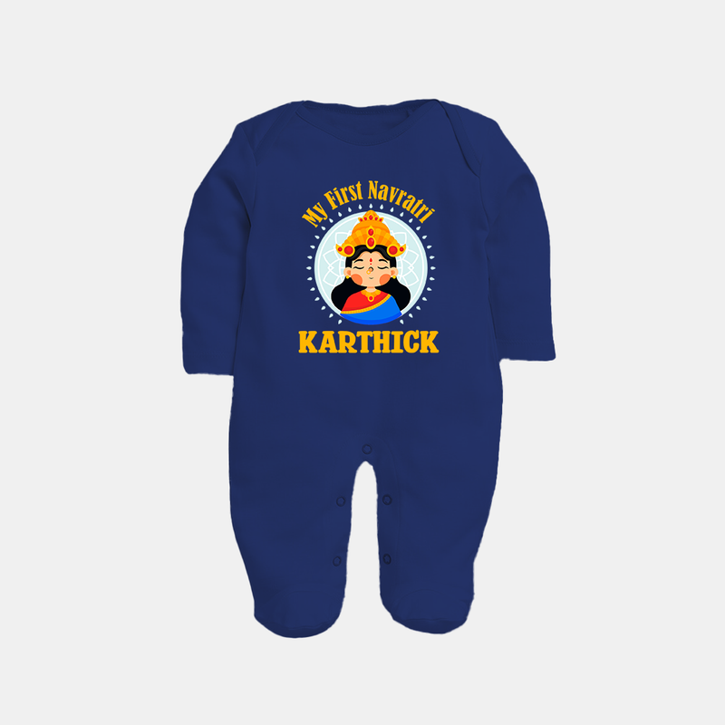 My First Navratri Sleep suit/full sleeve body suit | Personalized Baby Sleep suit/full sleeve body suit for Little One - NAVY BLUE - New Born (Chest 7.5")