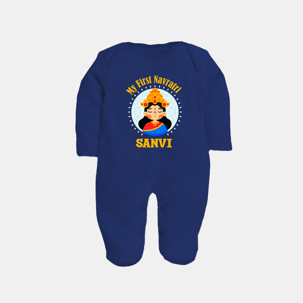 My First Navratri Devi Face Personalized Full Body Suit - NAVY BLUE - New Born (Chest 7.5")