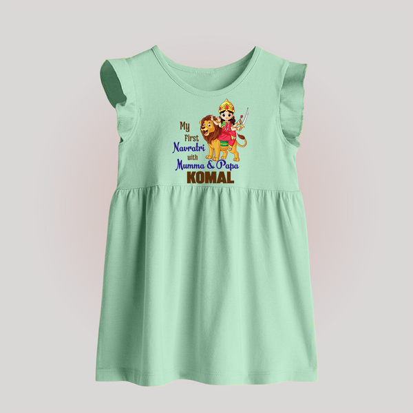 My First Navratri Mamma Papa Blessings Personalized Baby Frock - MINT GREEN - 0 - 3 Months Old (Chest 17")