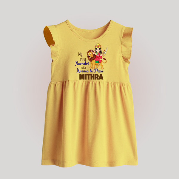 My First Navratri With Mumma and Papa frock | Custom Baby frock for Family Fun - PASTEL YELLOW - 0 - 3 Months Old (Chest 17")