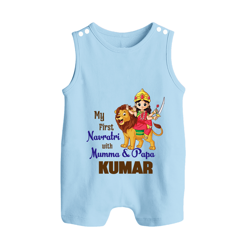 My First Navratri With Mumma and Papa Romper suit/sleeveless romper | Custom Baby Romper suit/sleeveless romper for Family Fun - BABY BLUE - 0 - 5 Months Old (Chest 18")