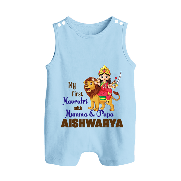 My First Navratri Mamma Papa Blessings Personalized Button Romper - BABY BLUE - New Born (Chest 18")