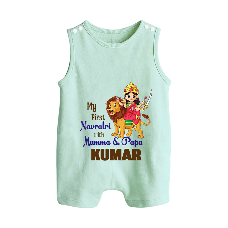 My First Navratri With Mumma and Papa Romper suit/sleeveless romper | Custom Baby Romper suit/sleeveless romper for Family Fun - MINT GREEN - 0 - 5 Months Old (Chest 18")