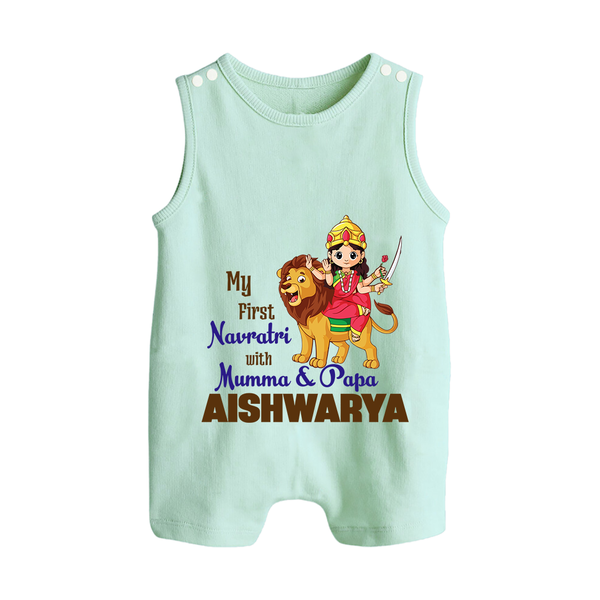 My First Navratri Mamma Papa Blessings Personalized Button Romper - MINT GREEN - New Born (Chest 18")
