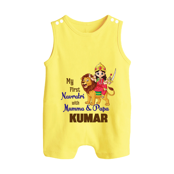 My First Navratri With Mumma and Papa Romper suit/sleeveless romper | Custom Baby Romper suit/sleeveless romper for Family Fun - PASTEL YELLOW - 0 - 5 Months Old (Chest 18")