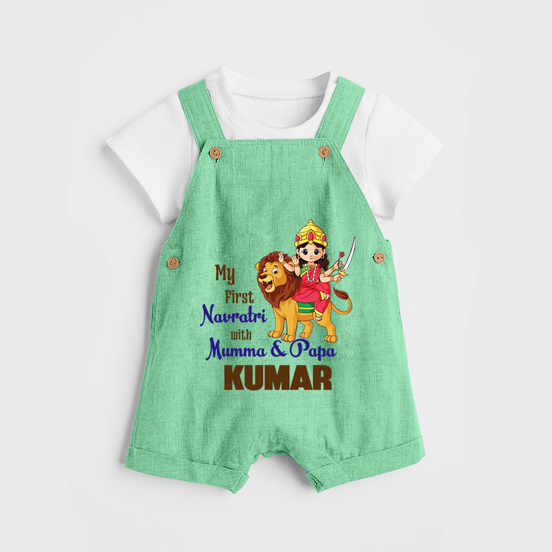 My First Navratri With Mumma and Papa Dungaree set | Custom Baby Dungaree set for Family Fun - GREEN - 0 - 5 Months Old (Chest 18")