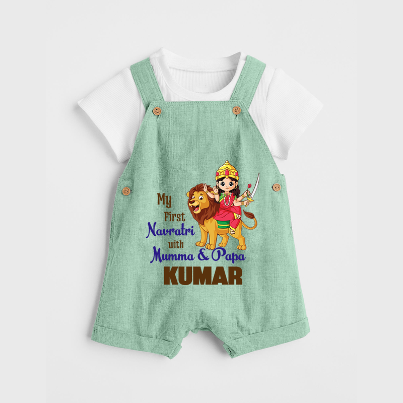 My First Navratri With Mumma and Papa Dungaree set | Custom Baby Dungaree set for Family Fun - MINT GREEN - 0 - 5 Months Old (Chest 18")