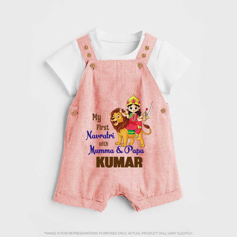 My First Navratri With Mumma and Papa Dungaree set | Custom Baby Dungaree set for Family Fun - PEACH - 0 - 5 Months Old (Chest 18")
