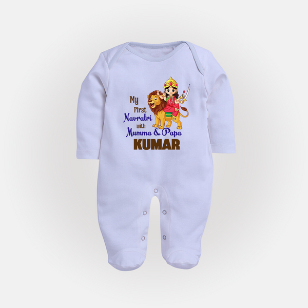 My First Navratri With Mumma and Papa Sleep suit/full sleeve body suit | Custom Baby Sleep suit/full sleeve body suit for Family Fun - BABY BLUE - New Born (Chest 7.5")