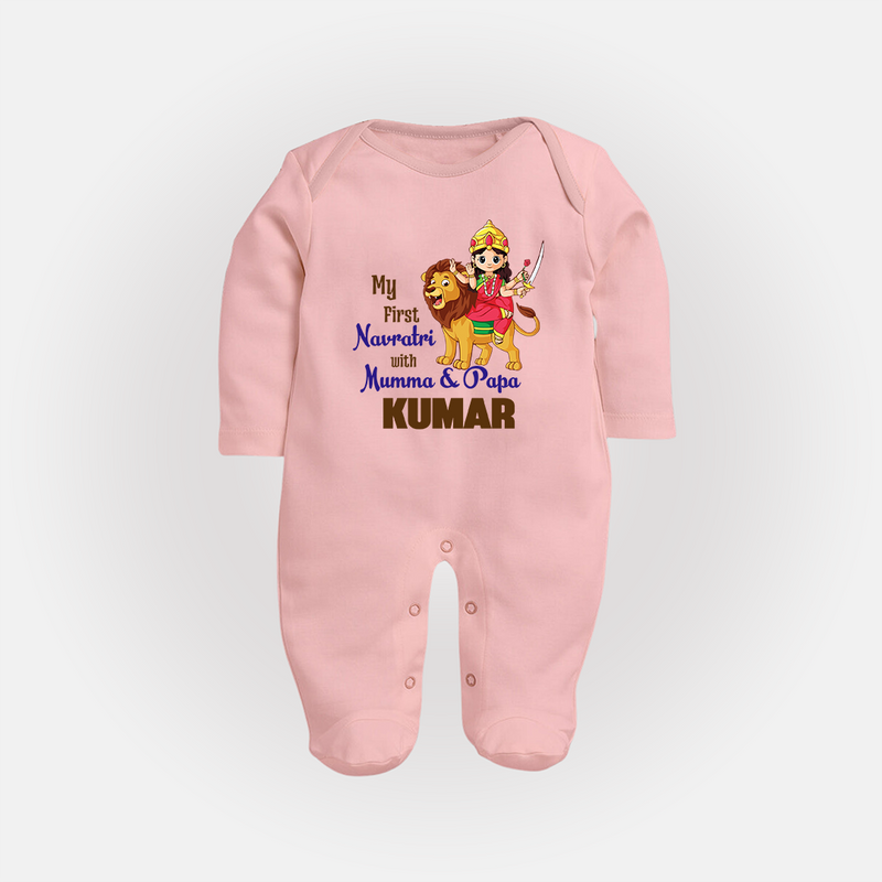 My First Navratri With Mumma and Papa Sleep suit/full sleeve body suit | Custom Baby Sleep suit/full sleeve body suit for Family Fun - BABY PINK - New Born (Chest 7.5")