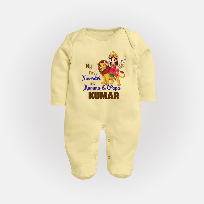 My First Navratri With Mumma and Papa Sleep suit/full sleeve body suit | Custom Baby Sleep suit/full sleeve body suit for Family Fun - PASTEL YELLOW - New Born (Chest 7.5")