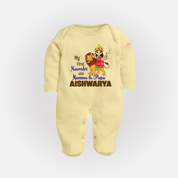 My First Navratri Mamma Papa Blessings Personalized Full Body Suit - PASTEL YELLOW - New Born (Chest 7.5")