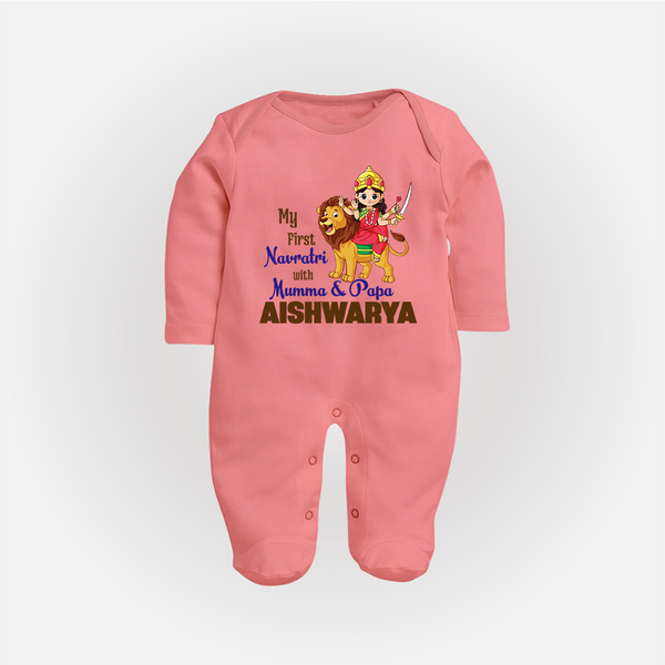 My First Navratri Mamma Papa Blessings Personalized Full Body Suit - PEACH - New Born (Chest 7.5")