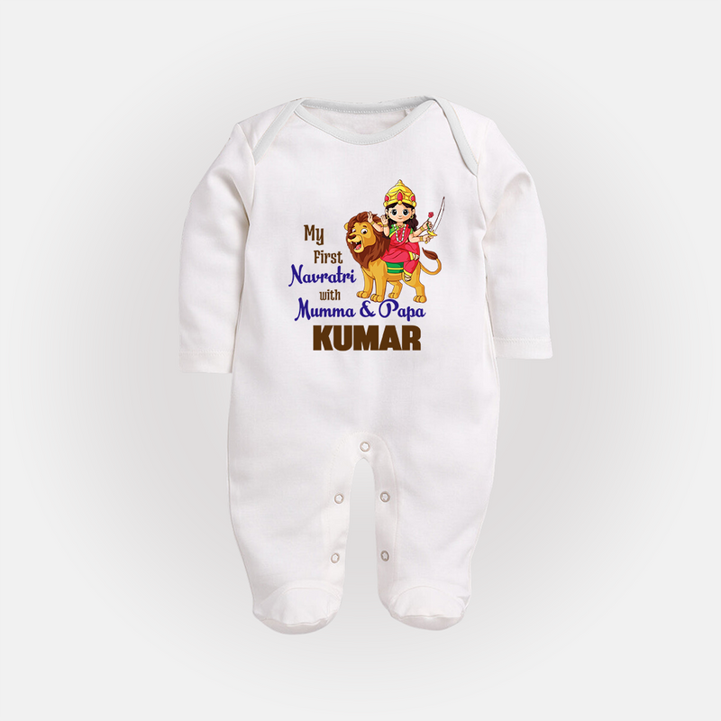 My First Navratri With Mumma and Papa Sleep suit/full sleeve body suit | Custom Baby Sleep suit/full sleeve body suit for Family Fun - WHITE - New Born (Chest 7.5")