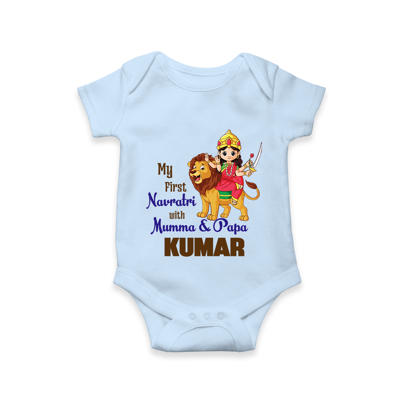My First Navratri With Mumma and Papa Romper/Onesie | Custom Baby Romper/Onesie for Family Fun - BABY BLUE - New Born (Chest 14")