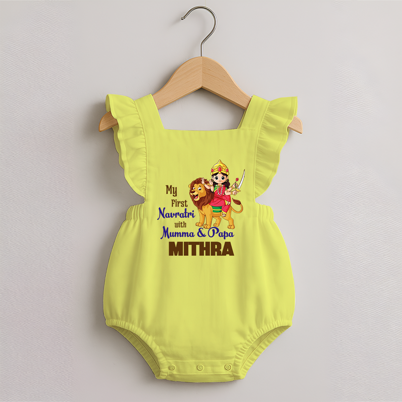 My First Navratri With Mumma and Papa Romper frock | Custom Baby Romper frock for Family Fun - PASTEL YELLOW - 0 - 3 Months Old (Chest 19")