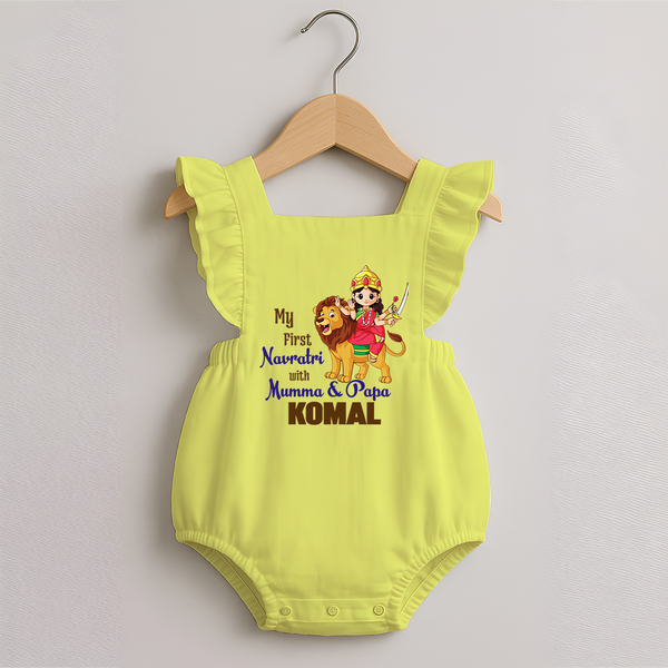 My First Navratri Mamma Papa Blessings Personalized Romper Frock - PASTEL YELLOW - 0 - 3 Months Old (Chest 19")