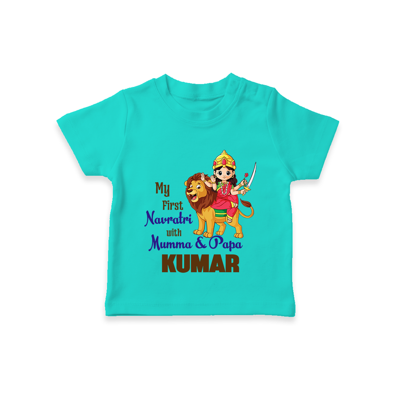 My First Navratri With Mumma and Papa T-shirt | Custom Baby T-shirt for Family Fun - TEAL - 0-5 Months Old (Chest 17")