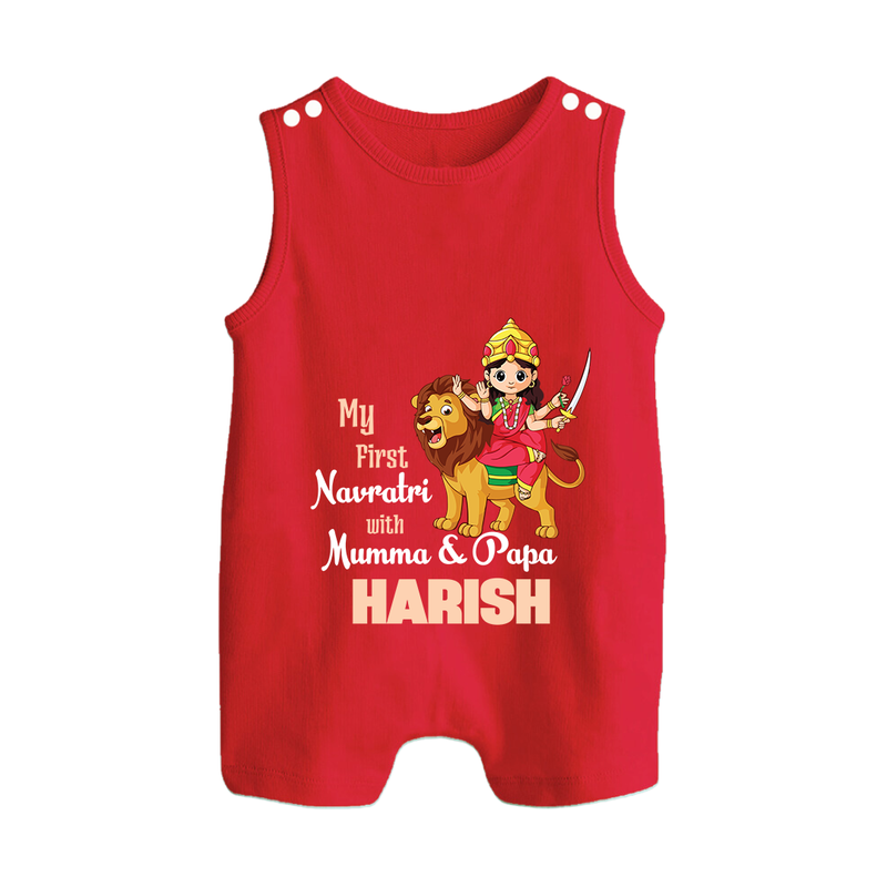 My First Navratri With Mumma and Papa Romper suit/sleeveless romper | Custom Baby Romper suit/sleeveless romper for Family Fun - RED - 0 - 5 Months Old (Chest 18")