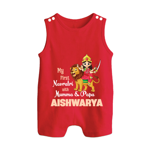 My First Navratri Mamma Papa Blessings Personalized Button Romper - RED - New Born (Chest 18")