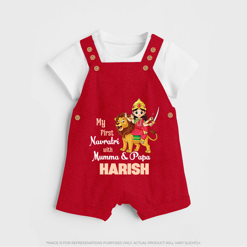 My First Navratri With Mumma and Papa Dungaree set | Custom Baby Dungaree set for Family Fun - RED - 0 - 5 Months Old (Chest 18")