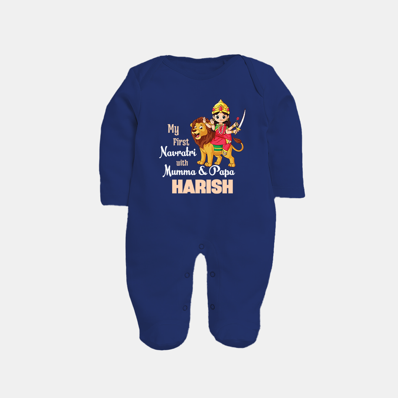 My First Navratri With Mumma and Papa Sleep suit/full sleeve body suit | Custom Baby Sleep suit/full sleeve body suit for Family Fun - NAVY BLUE - New Born (Chest 7.5")