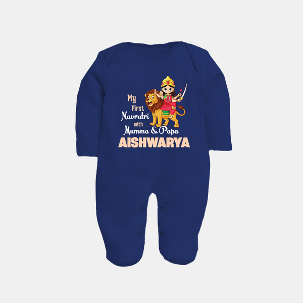 My First Navratri Mamma Papa Blessings Personalized Full Body Suit - NAVY BLUE - New Born (Chest 7.5")