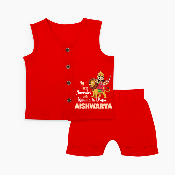 My First Navratri Mamma Papa Blessings Personalized Jabla Set - RED - 0 - 3 Months Old (Chest 9.8")