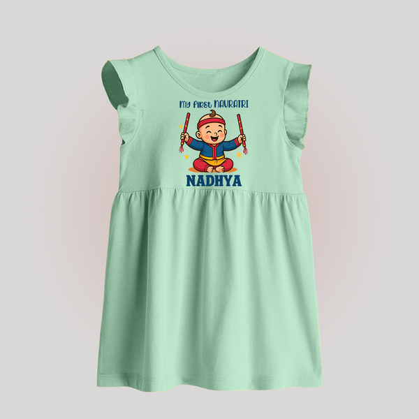 My First Navratri Baby frock | Personalized Baby frock for Navratri Celebration - MINT GREEN - 0 - 3 Months Old (Chest 17")