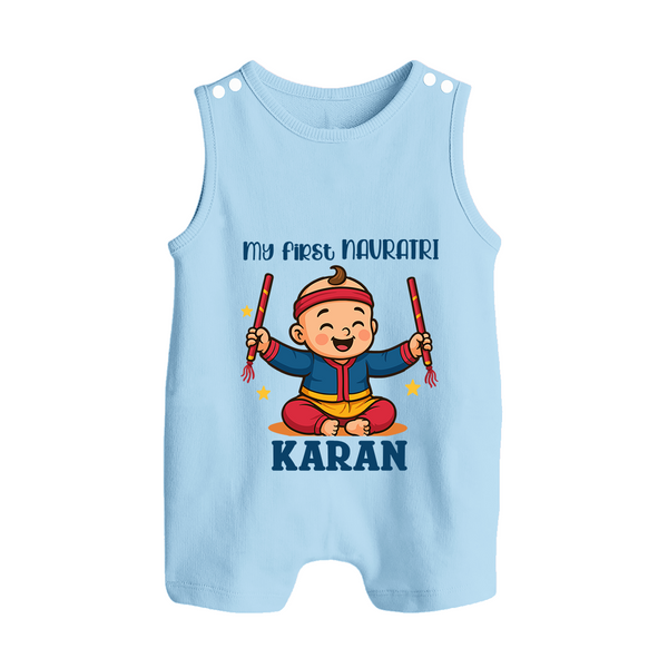 My First Navratri Dandiya Boy Personalized Button Romper - BABY BLUE - New Born (Chest 18")