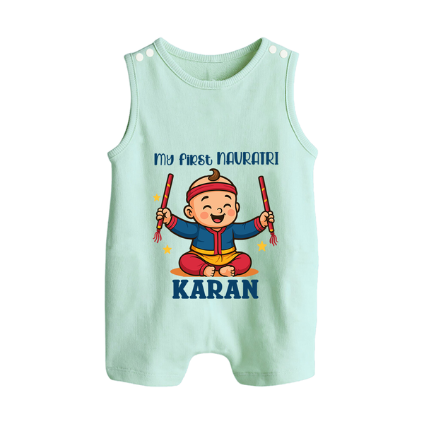 My First Navratri Dandiya Boy Personalized Button Romper - MINT GREEN - New Born (Chest 18")