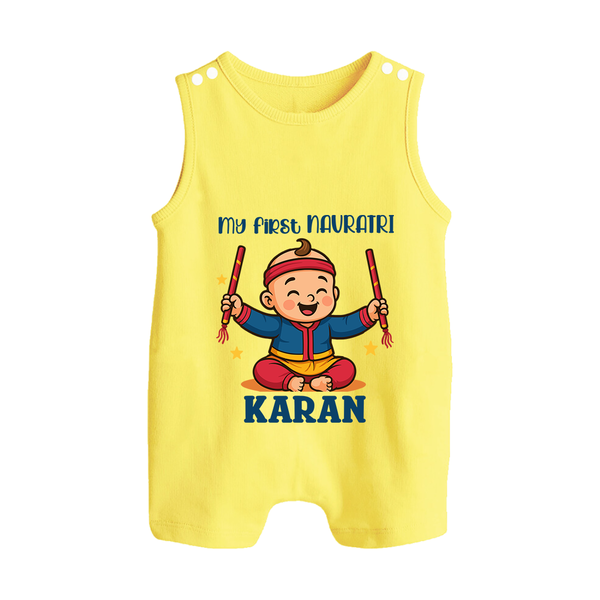 My First Navratri Dandiya Boy Personalized Button Romper - PASTEL YELLOW - New Born (Chest 18")