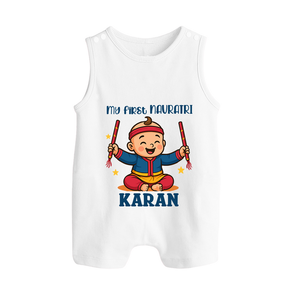 My First Navratri Dandiya Boy Personalized Button Romper - WHITE - New Born (Chest 18")