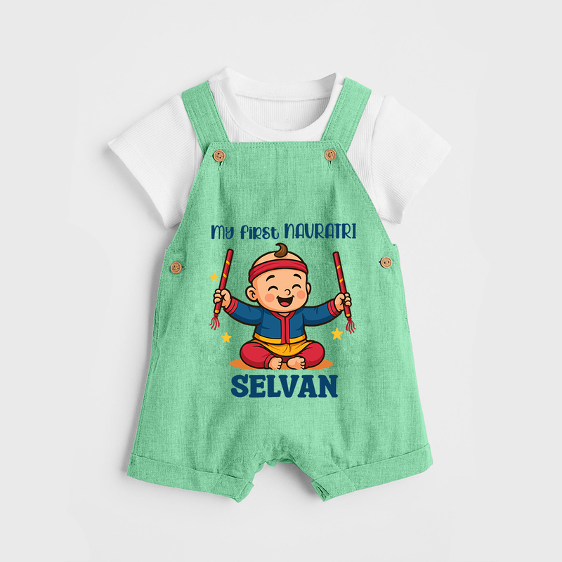 My First Navratri Dungaree set | Personalized Baby Dungaree set for Navratri Celebration - GREEN - 0 - 5 Months Old (Chest 18")