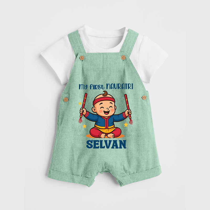 My First Navratri Dungaree set | Personalized Baby Dungaree set for Navratri Celebration - MINT GREEN - 0 - 5 Months Old (Chest 18")