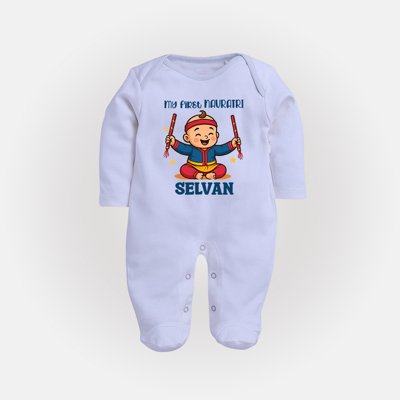 My First Navratri Sleep suit/full sleeve body suit | Personalized Baby Sleep suit/full sleeve body suit for Navratri Celebration - BABY BLUE - New Born (Chest 7.5")