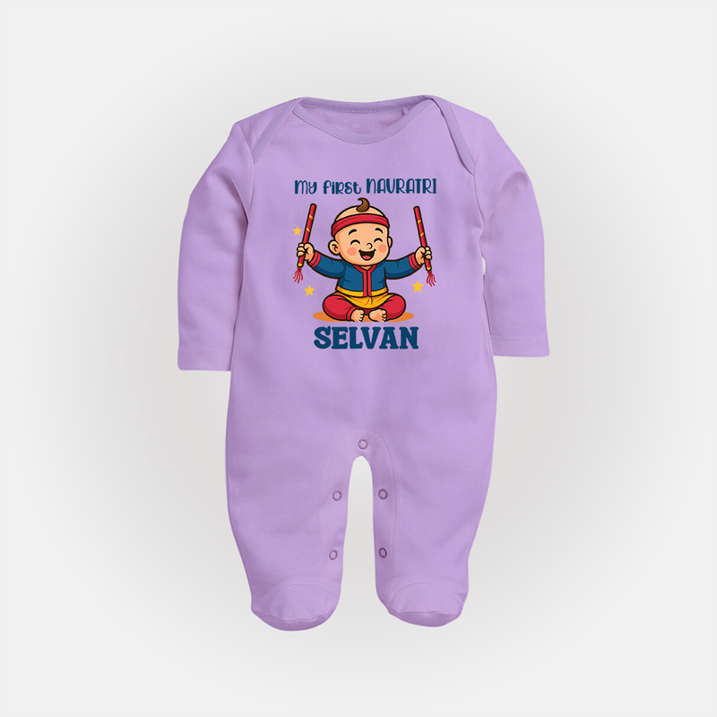 My First Navratri Sleep suit/full sleeve body suit | Personalized Baby Sleep suit/full sleeve body suit for Navratri Celebration - LILAC - New Born (Chest 7.5")