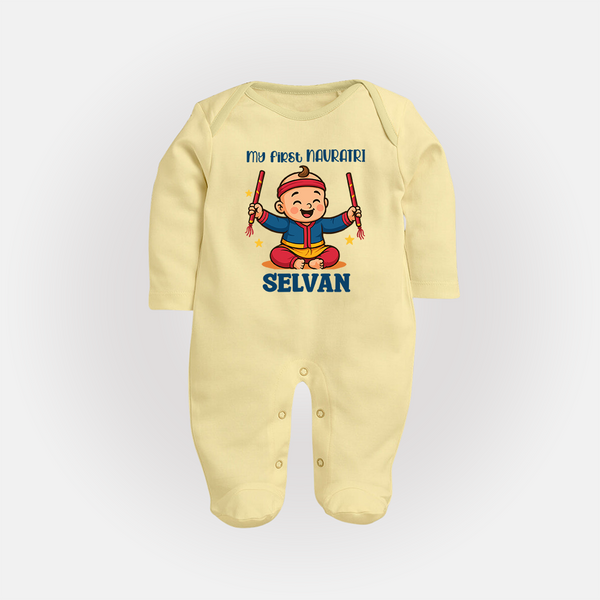My First Navratri Sleep suit/full sleeve body suit | Personalized Baby Sleep suit/full sleeve body suit for Navratri Celebration - PASTEL YELLOW - New Born (Chest 7.5")