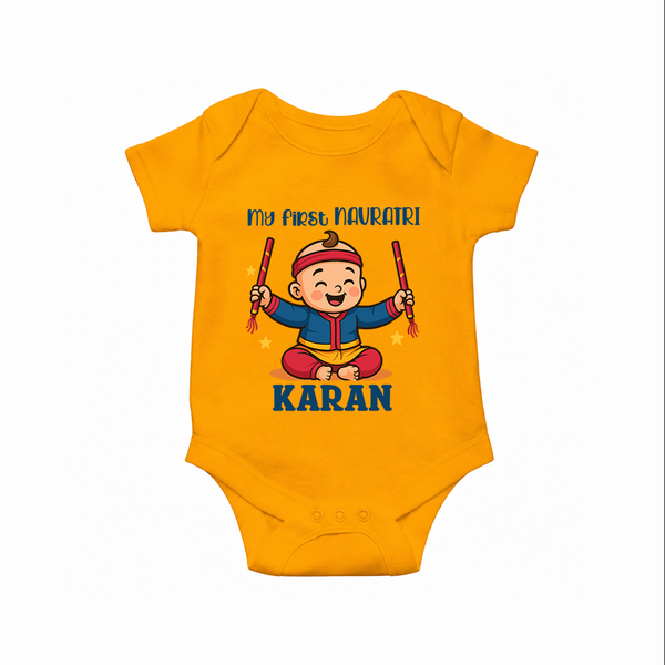 My First Navratri Dandiya Boy Personalized Romper - CHROME YELLOW - New Born (Chest 14")