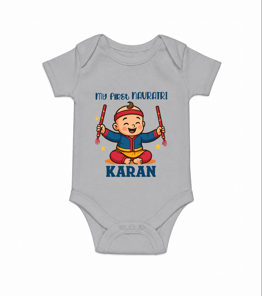 My First Navratri Dandiya Boy Personalized Romper - GREY - New Born (Chest 14")