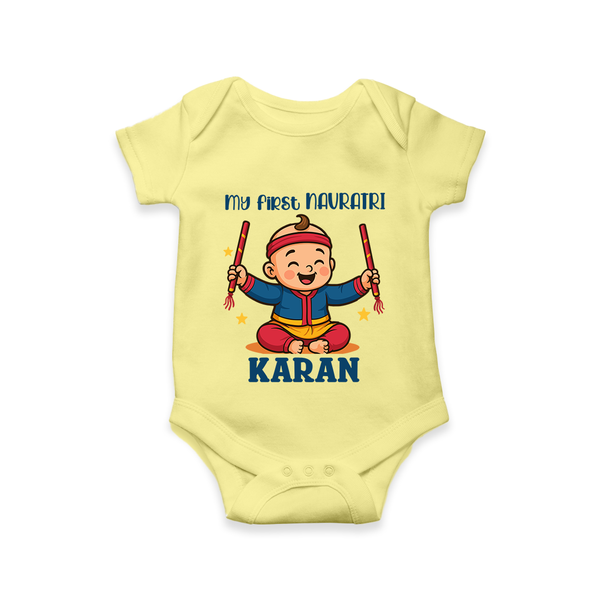 My First Navratri Dandiya Boy Personalized Romper - PASTEL YELLOW - New Born (Chest 14")