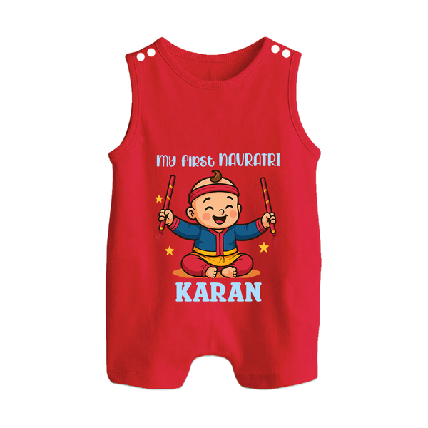 My First Navratri Dandiya Boy Personalized Button Romper - RED - New Born (Chest 18")