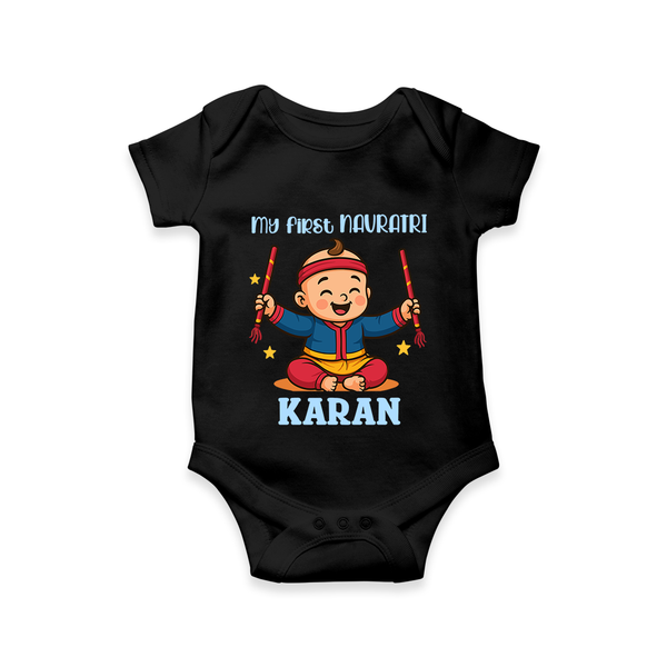 My First Navratri Dandiya Boy Personalized Romper - BLACK - New Born (Chest 14")