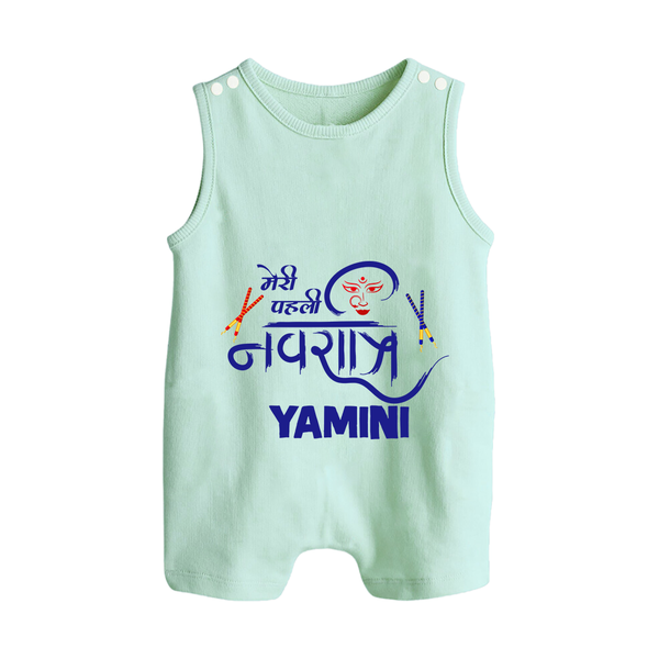 Meri Pehli Navratri Traditional Personalized Button Romper - MINT GREEN - New Born (Chest 18")
