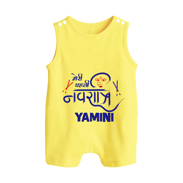 Meri Pehli Navratri Traditional Personalized Button Romper - PASTEL YELLOW - New Born (Chest 18")