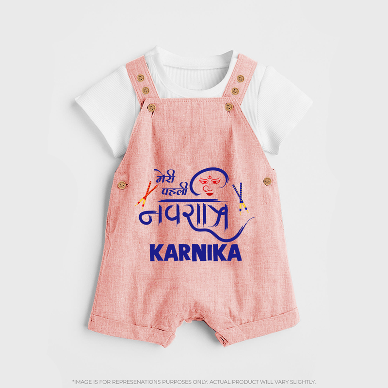 My First Navratri Dungaree set | Custom Baby Dungaree set for Festive Fun - PEACH - 0 - 5 Months Old (Chest 18")